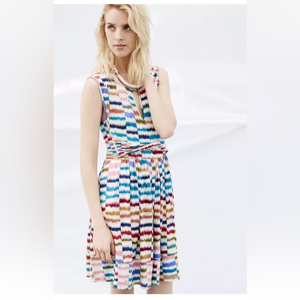 NWOT Anthropologie Maeve Blue Multi Colored Pleated Sundress w/ Pockets Size S
